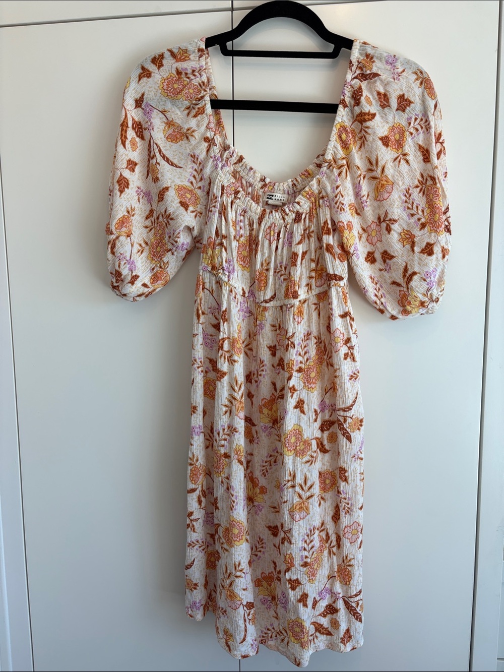 Billabong Floral Puff Sleeve Dress - White, Orange & Pink size L
